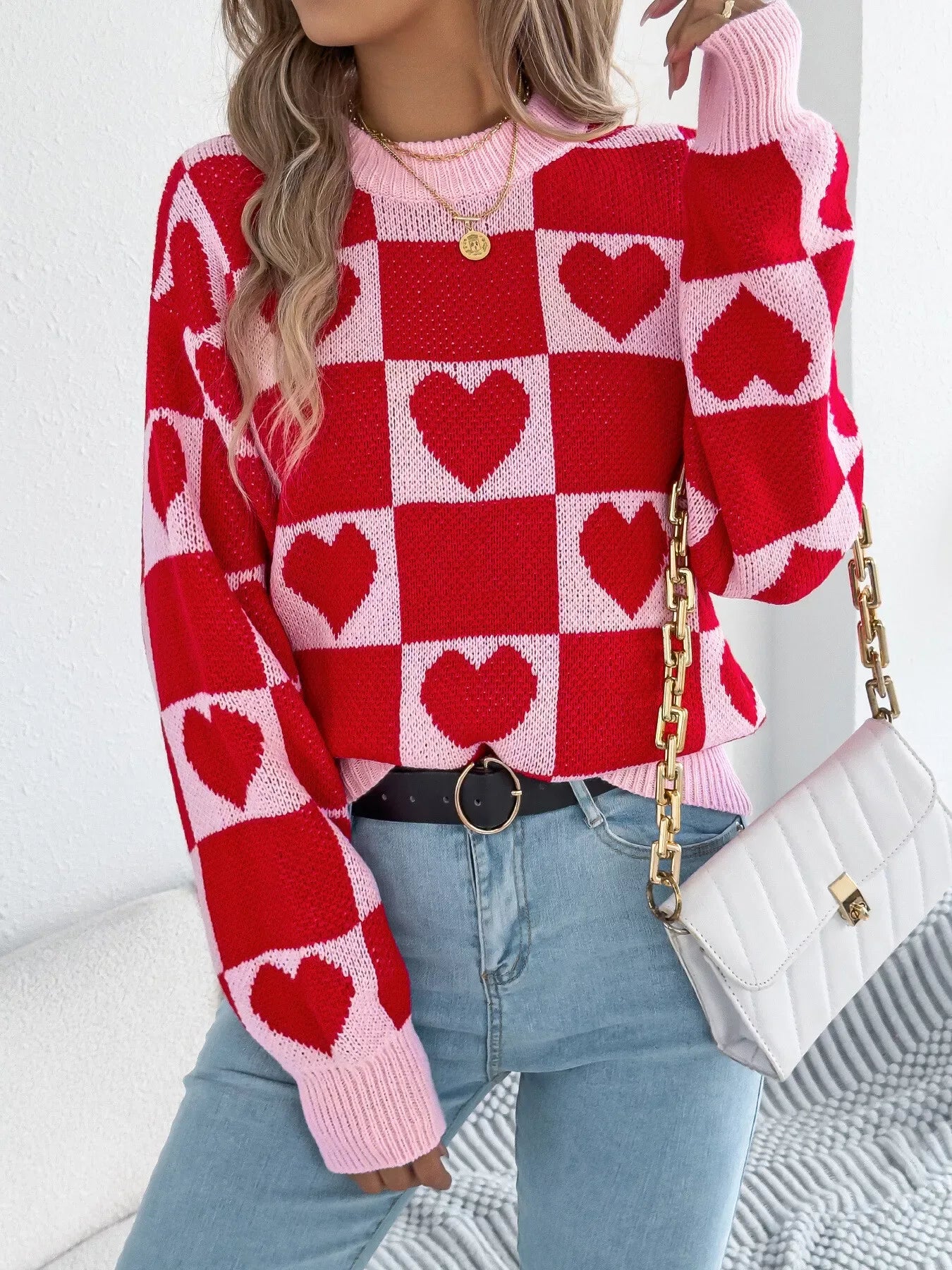 Romantic Red & Black Heart Checkerboard Sweater - WEUXS