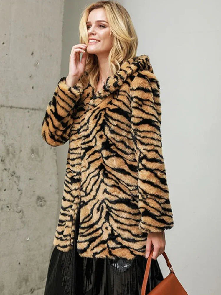 Luxe Tiger Print Faux Fur Hooded Coat - WEUXS