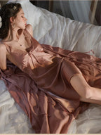 White Lace Trim Satin Slip Dress & Robe Set - WEUXS