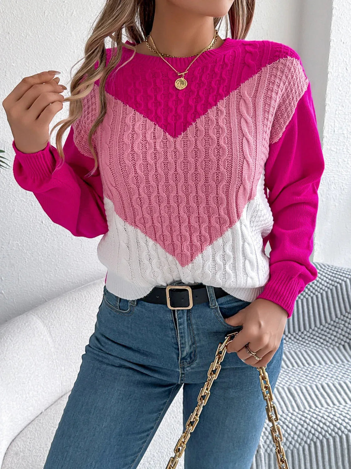 Colorblock cable knit sweater - View 15 | WEUXS