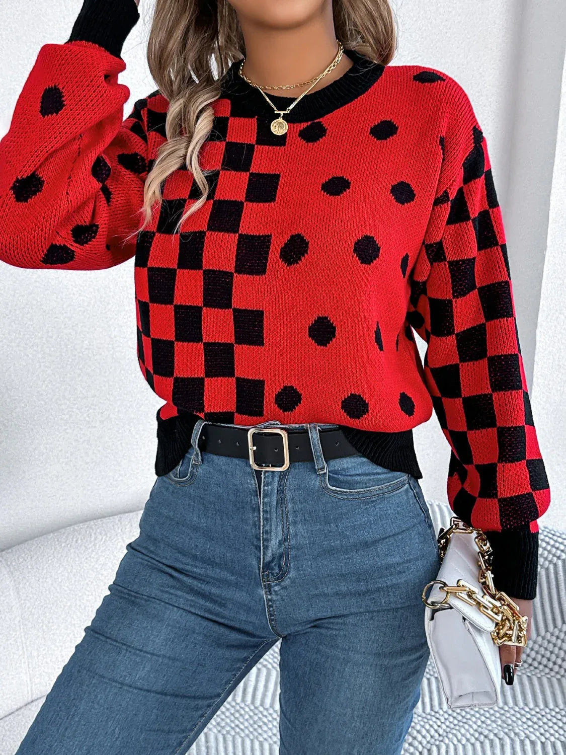 Gray polka dot checkerboard knit sweater - View 11 | WEUXS
