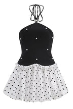 Black halter neck mini dress with pearl embellishments - View 6 | WEUXS