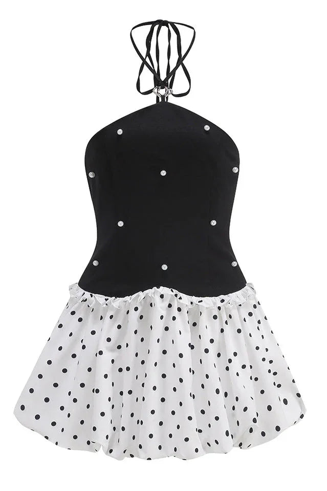 Black halter neck mini dress with pearl embellishments - View 6 | WEUXS