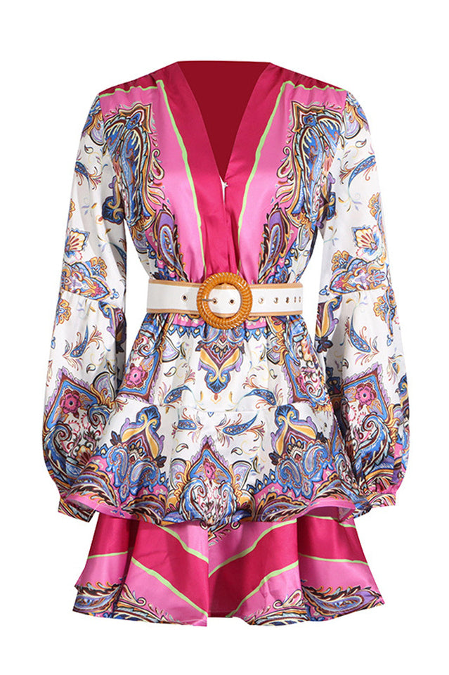 Paisley Print V-Neck Mini Dress With Belt | Dress In Beauty