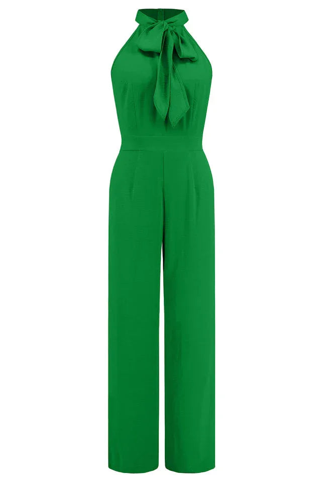 Product image of a green wide leg halter neck jumpsuit with a bow detail