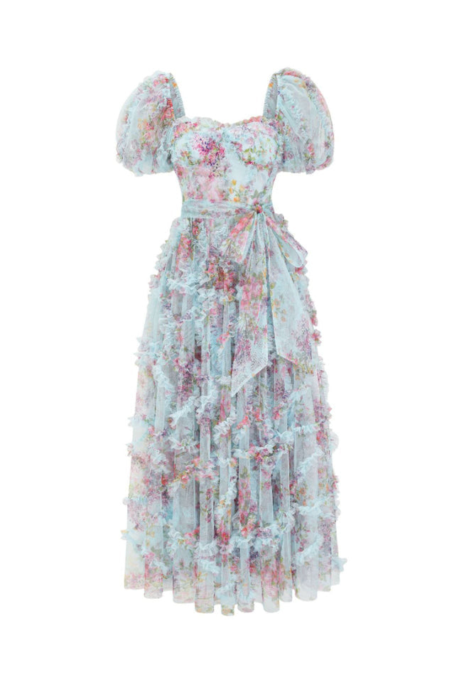 Floral Tulle Puff Sleeve Bow Tie Maxi Dress | Dress In Beauty