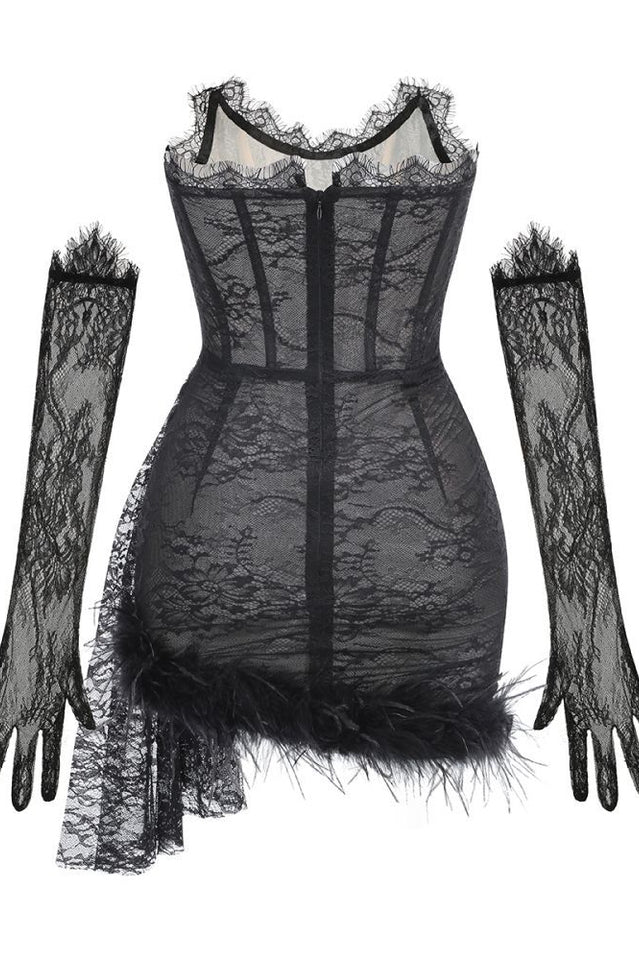 Queena Strapless Feather Trim Lace Dress | Dress In Beauty