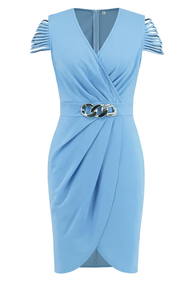 Close-up of the V-neck and draped front of a light blue sheath dress with a chain belt