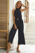 Polka Dots Print Funnel Neck Belted Jumpsuit | Dress In Beauty