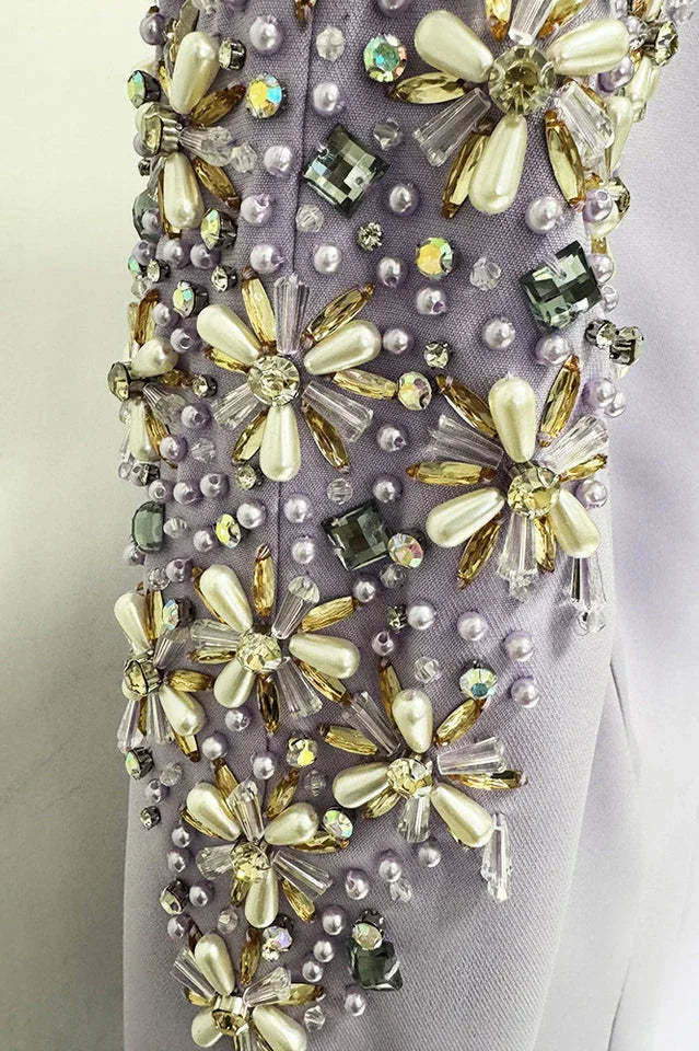 Embellished V-Neck Maxi Dress with long sleeves and crystal bead detailing - View 29 | WEUXS