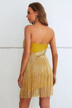 Yellow Ruffles Silk Tassel Trim Dress - WEUXS