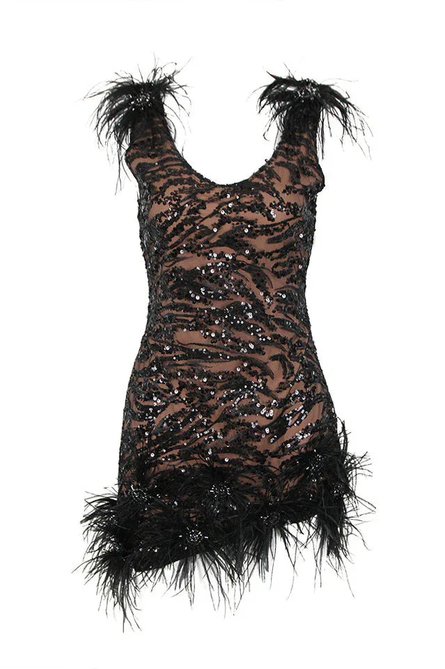 Black sequin and feather embellished mini dress - View 7 | WEUXS