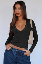 Women's Long Sleeve V-Neck Top with Lace Trim - View 12 | WEUXS