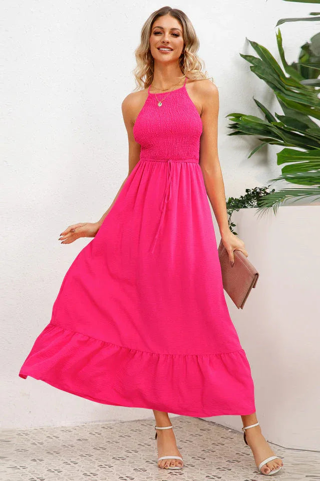 A-line maxi dress with smocked bodice and crisscross back straps - View 7 | WEUXS