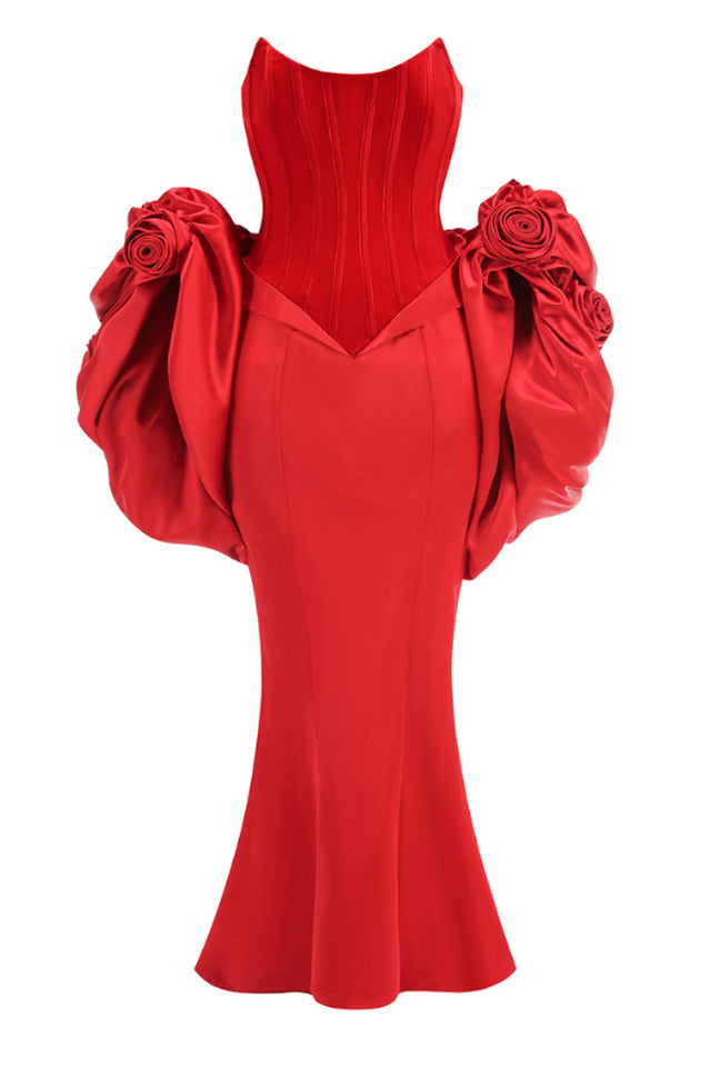 Strapless Floral Puff Detail Corset Maxi Dress | Dress In Beauty