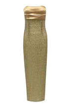 Front view of a gold strapless column gown covered in sequins and beads.