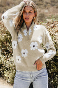 Floral Pattern Half Zip Sweater | Dress In Beauty