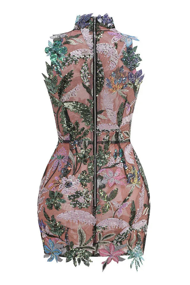 Tropical Floral Embroidered Mini Dress - WEUXS