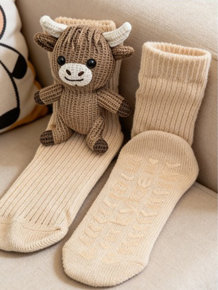 Two beige ribbed knit crew socks with non-slip grips on the sole, and a knitted Highland cow character placed on top.