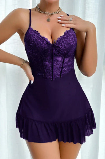 Deep Purple Mesh Robe & Lace Chemise Set, 2-Piece Peignoir Lingerie - Sexy Sleepwear