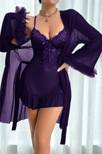 Deep Purple Mesh Robe & Lace Chemise Set, 2-Piece Peignoir Lingerie - Sexy Sleepwear - WEUXS