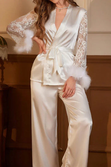 White Satin Bridal Pajama Set with Feather Cuffs & Lace Sleeves, 2-Piece Luxury Sleepwear - Wedding Gift