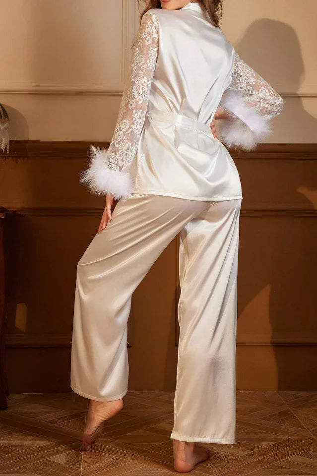 White Satin Bridal Pajama Set with Feather Cuffs & Lace Sleeves, 2-Piece Luxury Sleepwear - Wedding Gift - WEUXS