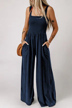 Wide leg jumpsuit with smocked bodice - View 9 | WEUXS