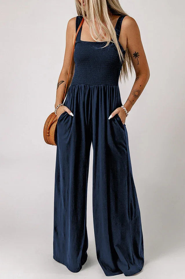 Wide leg jumpsuit with smocked bodice - View 9 | WEUXS