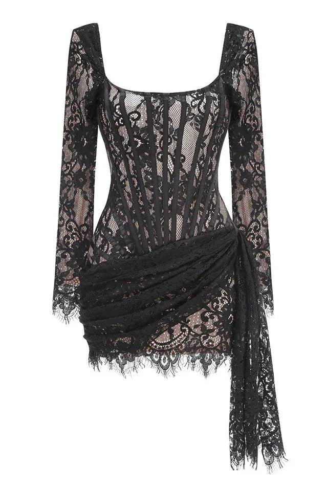 Sweetheart Long Sleeve Lace Mini Dress - WEUXS