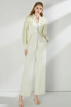 Cream textured crepe wide-leg trouser suit set with embellished shoulders and pleated sleeves. - View 7 | WEUXS