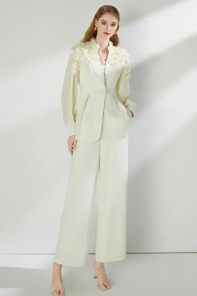 Cream textured crepe wide-leg trouser suit set with embellished shoulders and pleated sleeves. - View 7 | WEUXS
