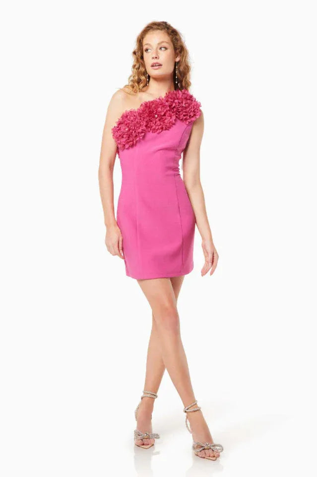 One shoulder mini dress with floral embellishment - View 8 | WEUXS