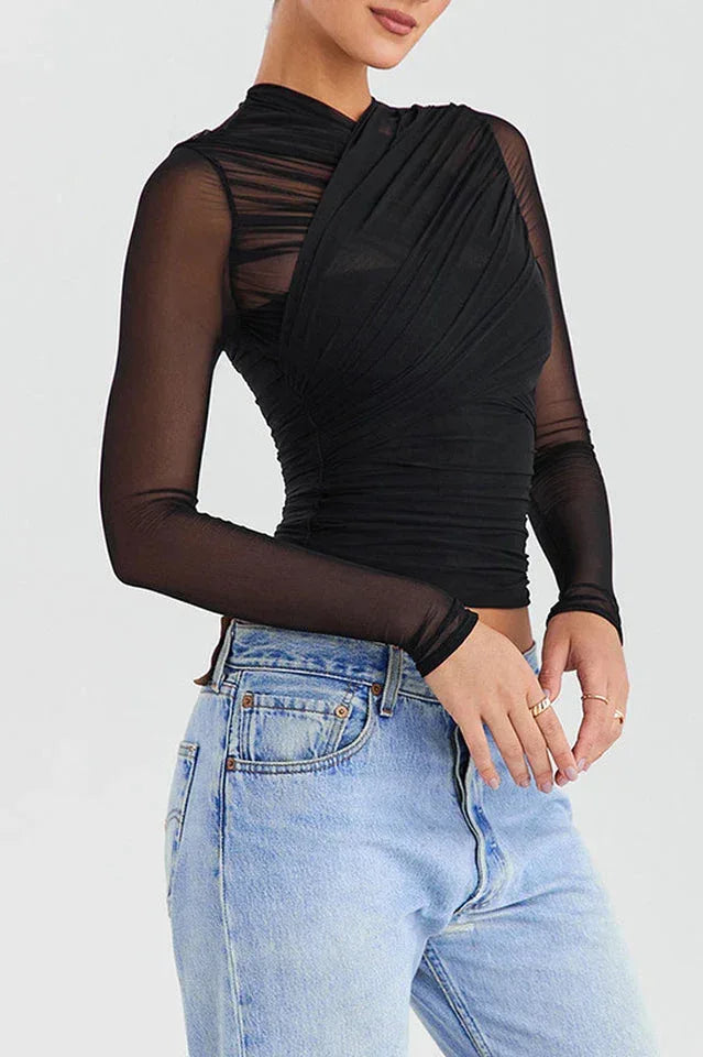 Asymmetrical Neck Ruched Mesh Top - View 13 | WEUXS