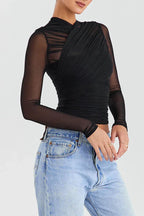 Asymmetrical Neck Ruched Mesh Top - View 13 | WEUXS