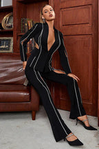 Women's black embellished blazer and flare pants set - View 7 | WEUXS