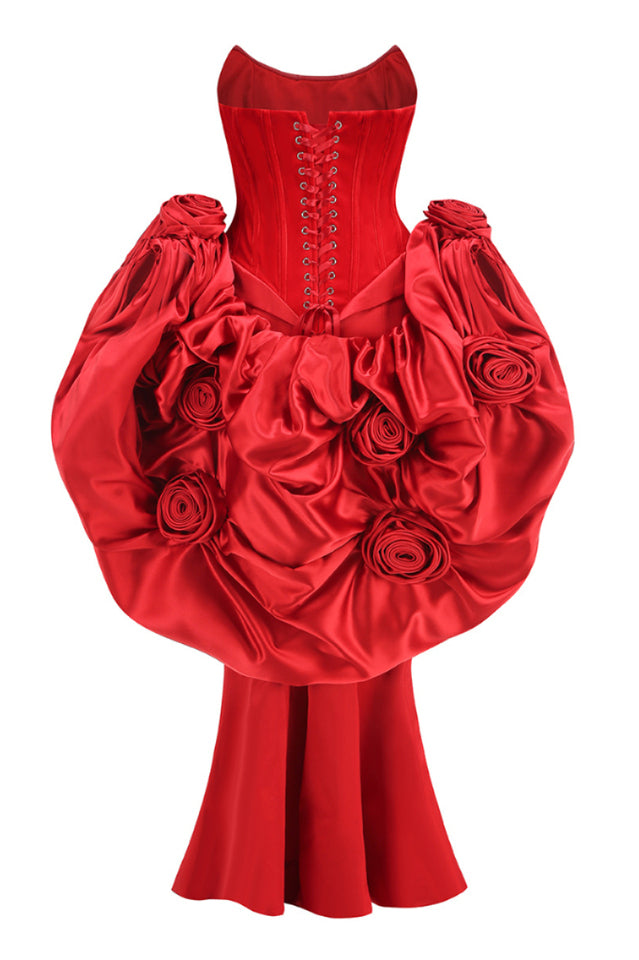 Strapless Floral Puff Detail Corset Maxi Dress | Dress In Beauty