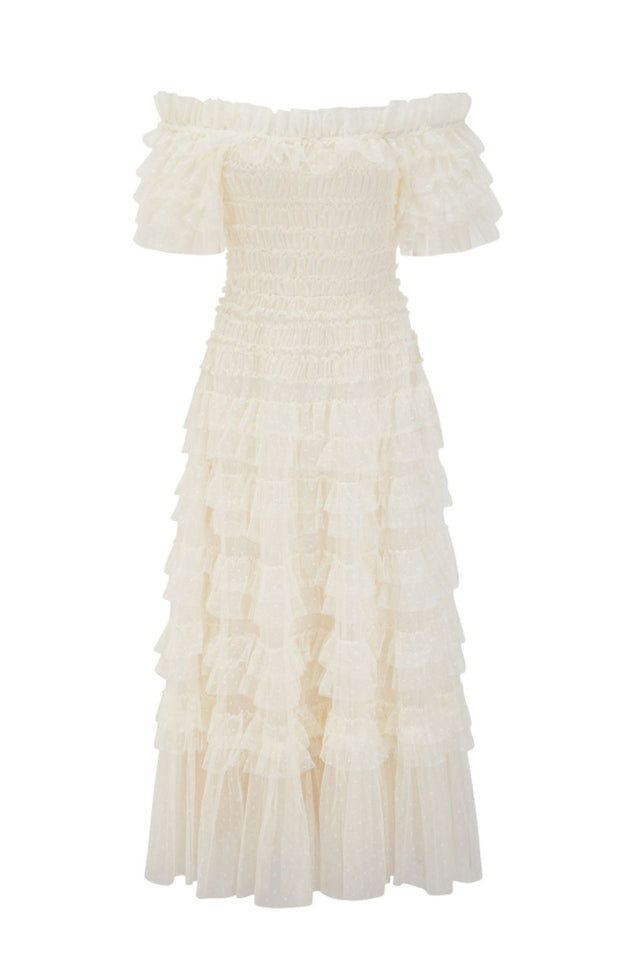 Off Shoulder Dotted Tulle Maxi Dress | Dress In Beauty