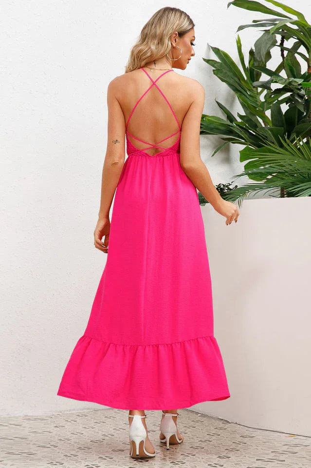 A-line maxi dress with smocked bodice and crisscross back straps - View 10 | WEUXS