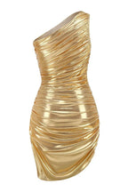 One shoulder ruched mini dress in metallic gold - View 9 | WEUXS