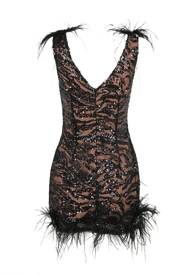Black sequin and feather embellished mini dress - View 8 | WEUXS