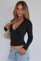 Women's Long Sleeve V-Neck Top with Lace Trim - View 13 | WEUXS