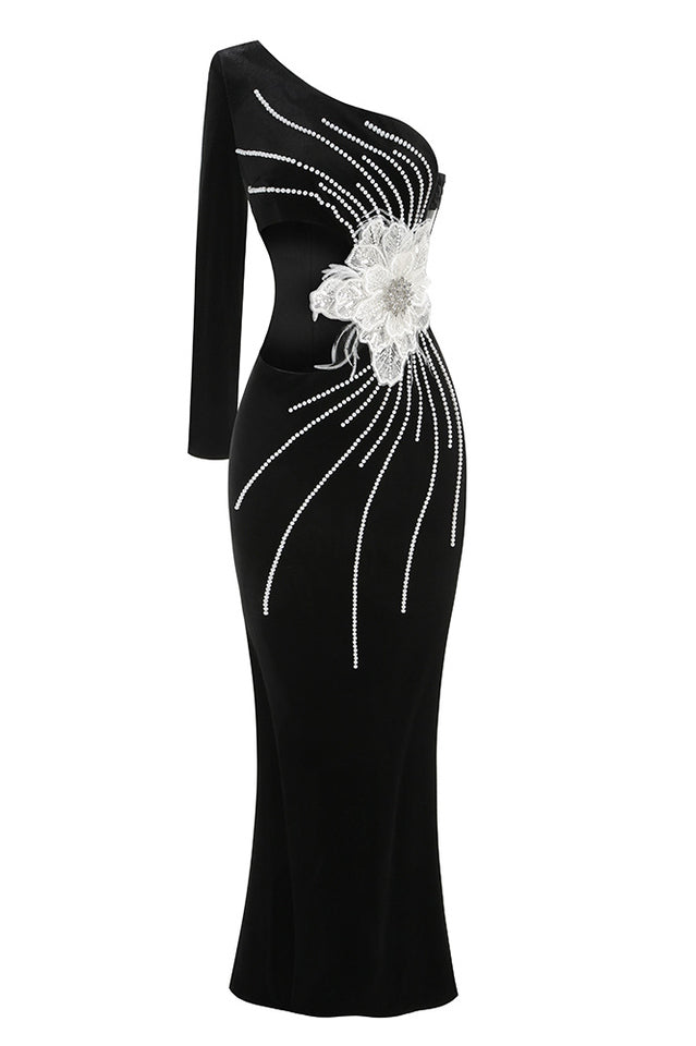 One Sleeve Pearl Floral Maxi Velvet Dress | Dress In Beauty
