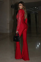 Women's elegant black crepe jumpsuit with V-neckline and rhinestone embellishments - View 11 | WEUXS