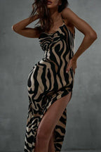 Zebra print midi dress with cowl neckline and split detail - View 8 | WEUXS