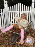 Woman wearing a pink chunky cable knit sweater - View 8 | WEUXS