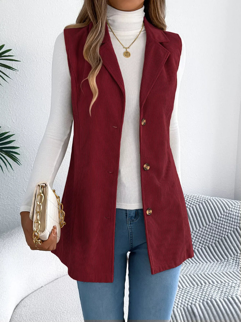 Beige corduroy sleeveless jacket with notched lapel - View 11 | WEUXS