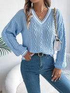 Sky Blue Preppy V-Neck Cable Knit Sweater - View 6 | WEUXS