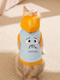 Close-up of the back of a cat wearing a blue and yellow hooded pet garment.