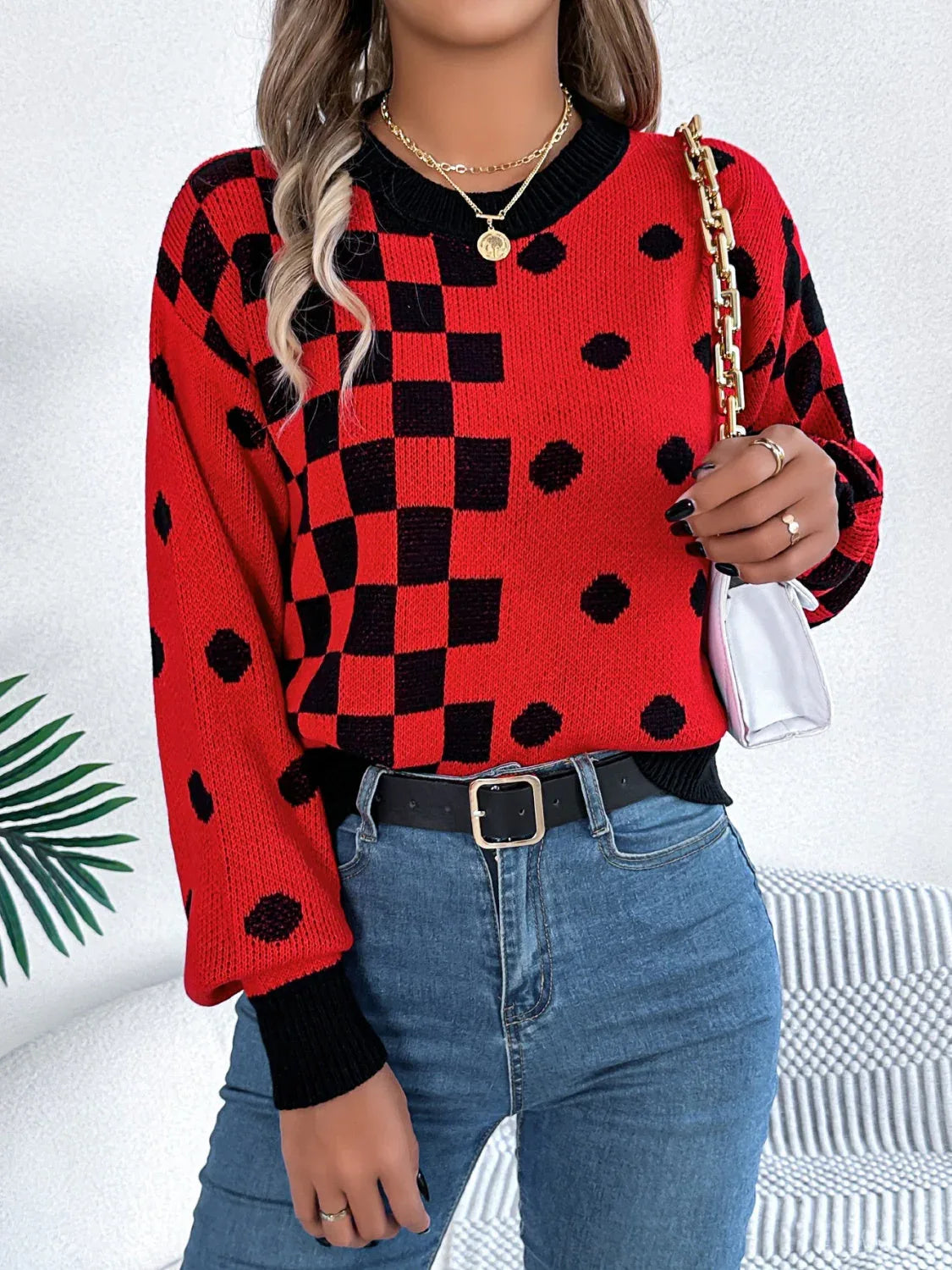 Gray polka dot checkerboard knit sweater - View 10 | WEUXS